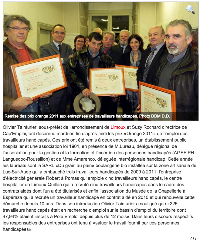 Limoux : Prix Orange pour les employeurs d'handicapés 23-12-2011 ladepeche.fr